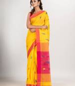 Yellow cotton blend all body boll motive with rani pallu jamdani saree
