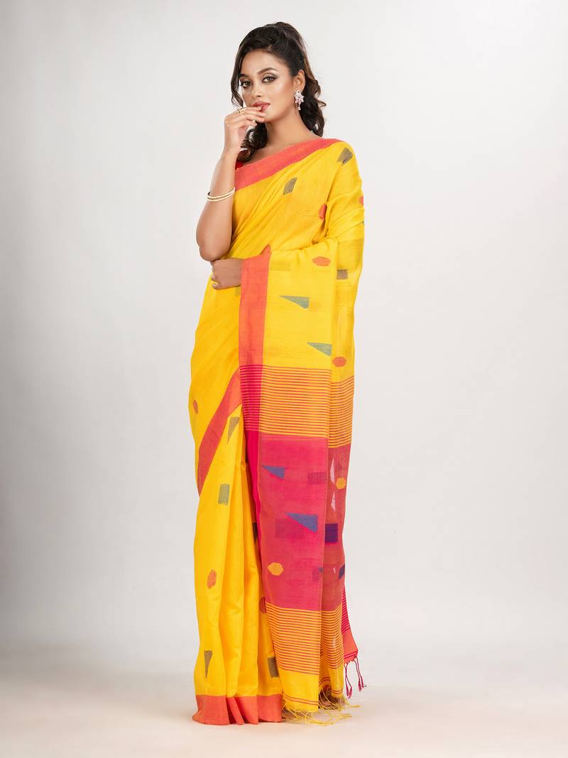 Yellow cotton blend all body boll motive with rani pallu jamdani saree