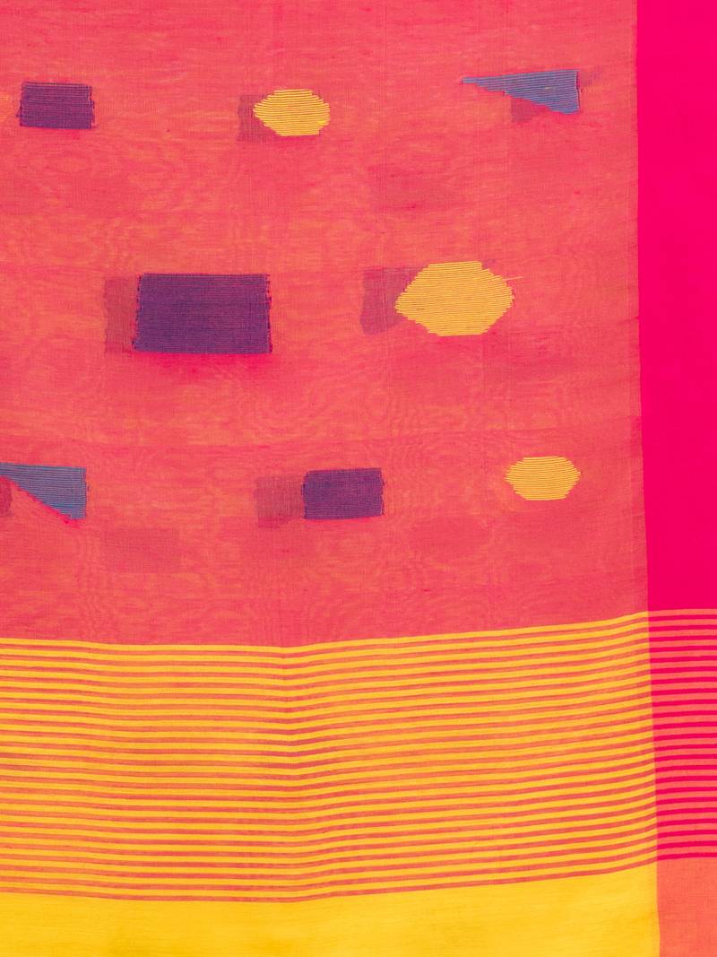 Yellow cotton blend all body boll motive with rani pallu jamdani saree