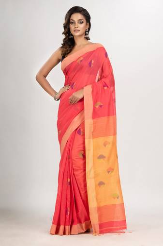 pastel red cotton blend all body love motive with light yellow pallu jamdani saree