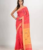 pastel red cotton blend all body love motive with light yellow pallu jamdani saree