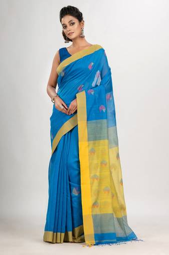 Auqa blue cotton blend all body love motive with yellow pallu jamdani saree
