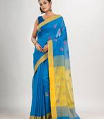 Auqa blue cotton blend all body love motive with yellow pallu jamdani saree