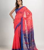 Pastel red cotton blend all body arrow motive with blue pallu jamdani saree
