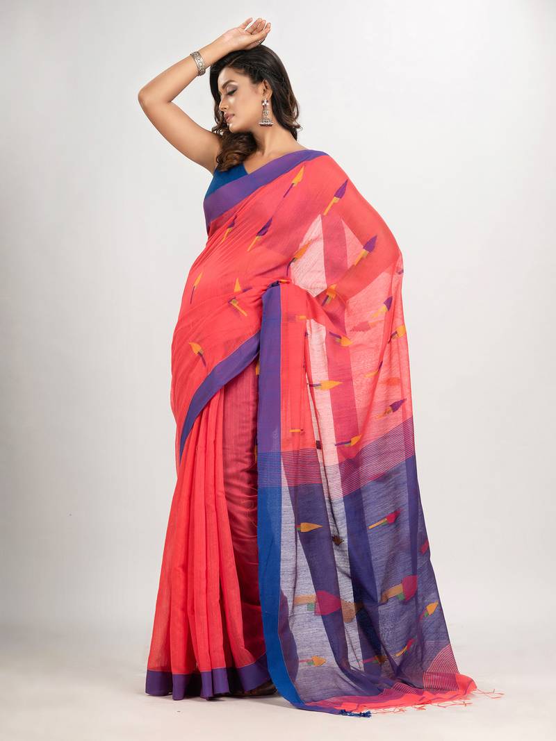 Pastel red cotton blend all body arrow motive with blue pallu jamdani saree
