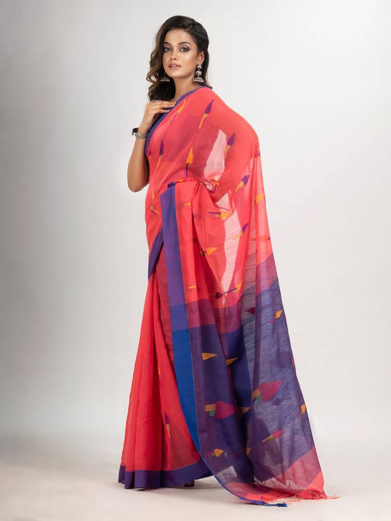 Pastel red cotton blend all body arrow motive with blue pallu jamdani saree