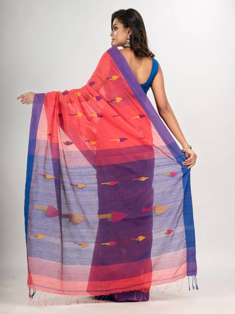 Pastel red cotton blend all body arrow motive with blue pallu jamdani saree