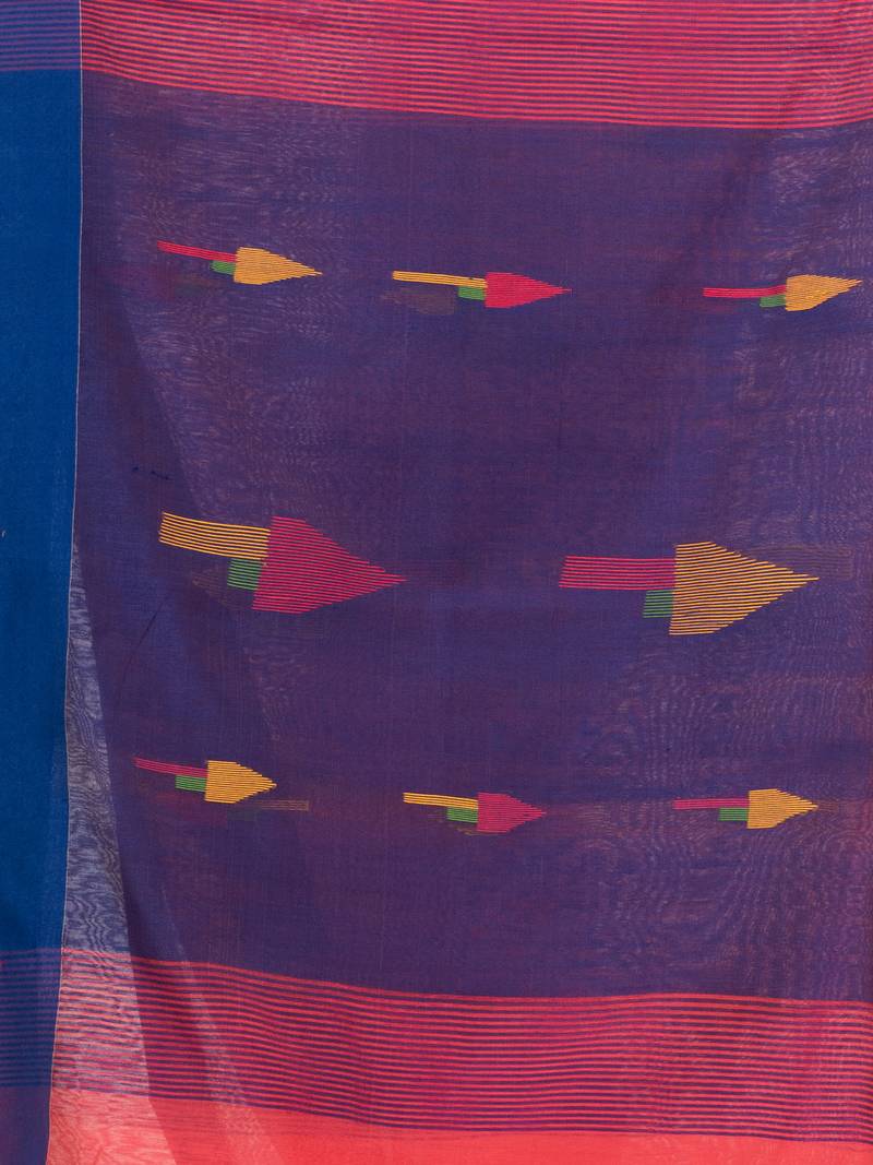 Pastel red cotton blend all body arrow motive with blue pallu jamdani saree