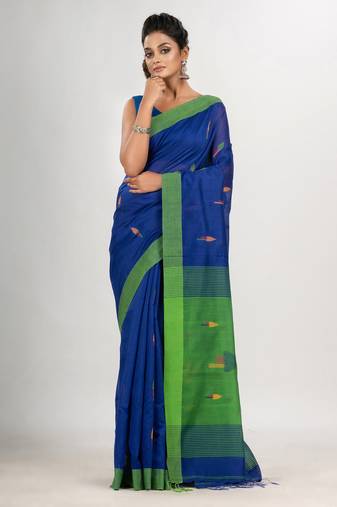 Royal blue cotton blend all body arrow motive with green pallu jamdani saree