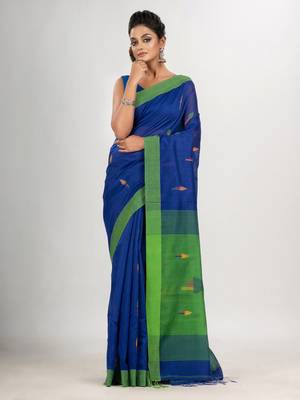 Royal blue cotton blend all body arrow motive with green pallu jamdani saree 1