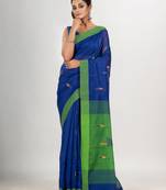Royal blue cotton blend all body arrow motive with green pallu jamdani saree