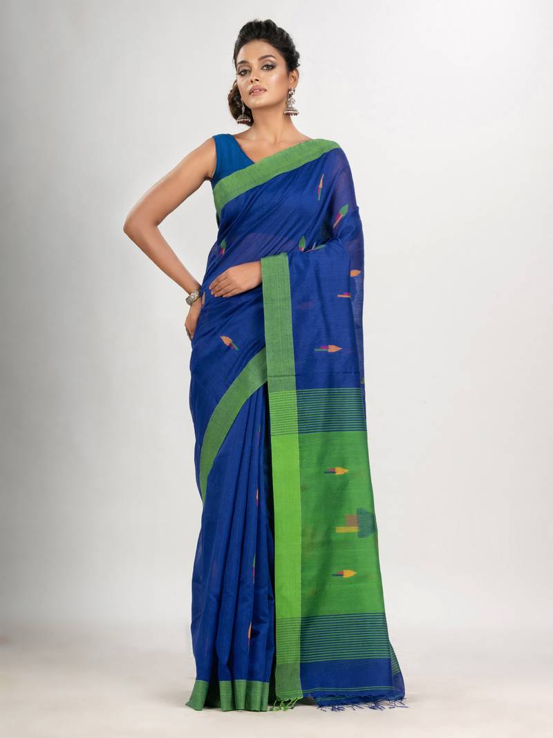 Royal blue cotton blend all body arrow motive with green pallu jamdani saree