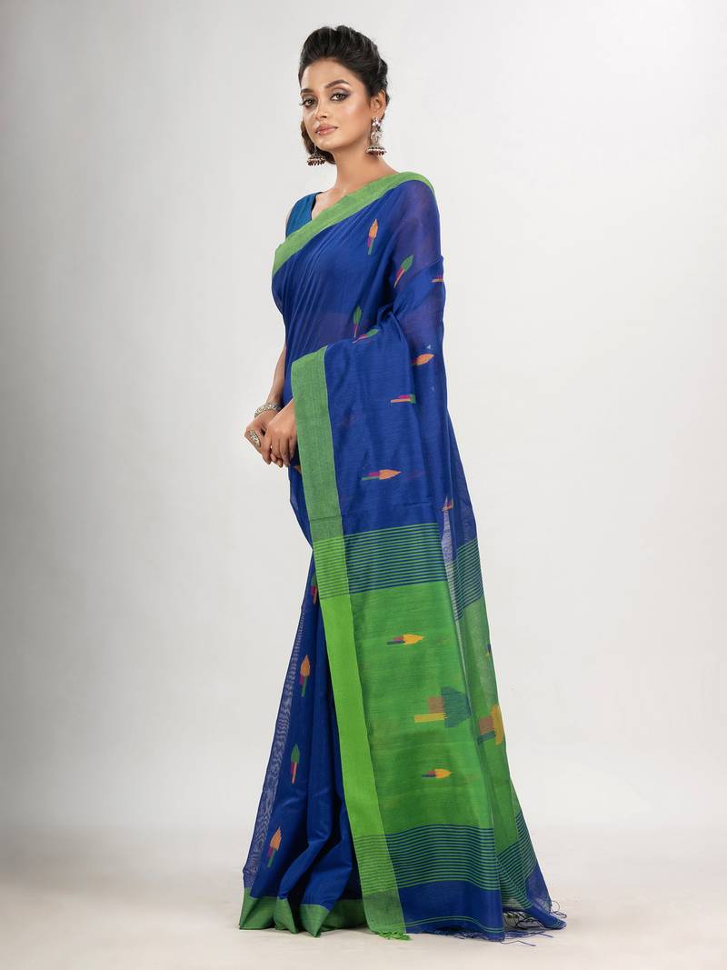 Royal blue cotton blend all body arrow motive with green pallu jamdani saree