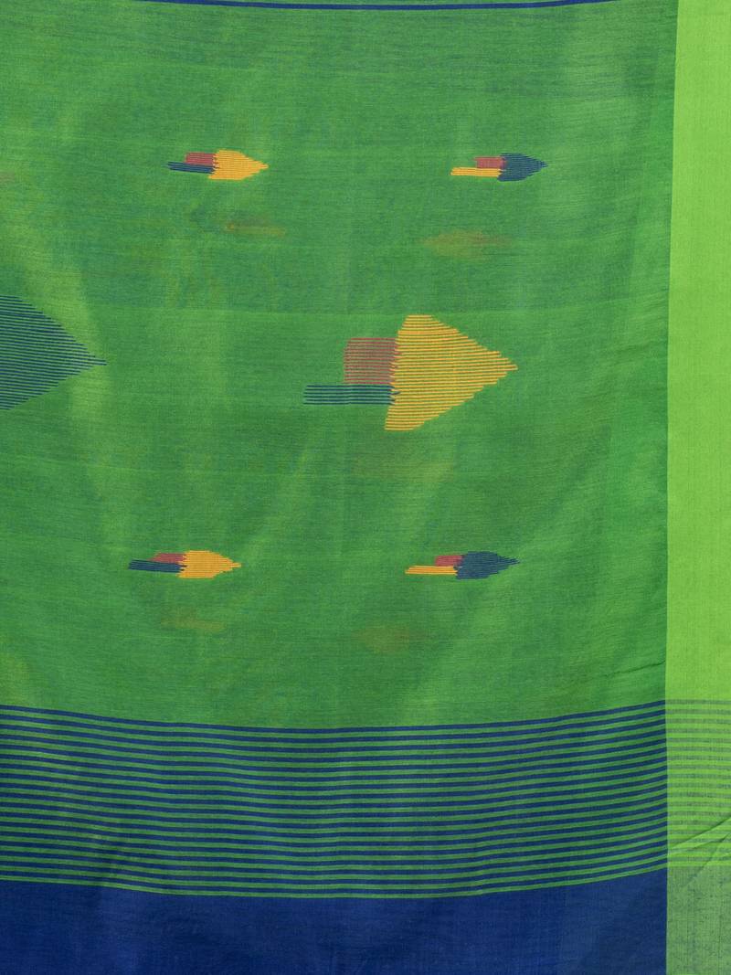 Royal blue cotton blend all body arrow motive with green pallu jamdani saree