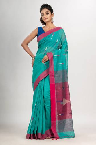 Turquoise cotton blend all body arrow motive with pink pallu jamdani saree