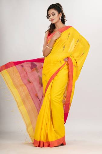 Yellow cotton blend all body arrow motive with red pallu jamdani saree