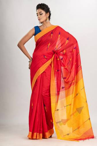 Red cotton blend all body arrow motive with Yellow pallu jamdani saree