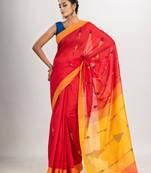 Red cotton blend all body arrow motive with Yellow pallu jamdani saree