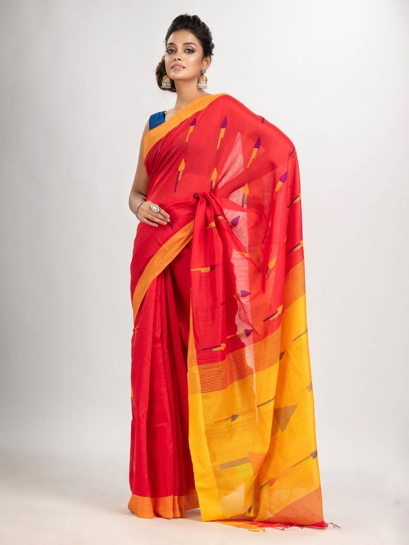 Red cotton blend all body arrow motive with Yellow pallu jamdani saree