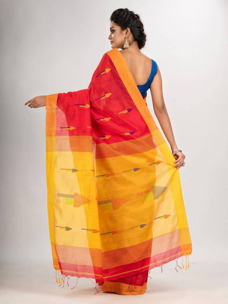 Red cotton blend all body arrow motive with Yellow pallu jamdani saree