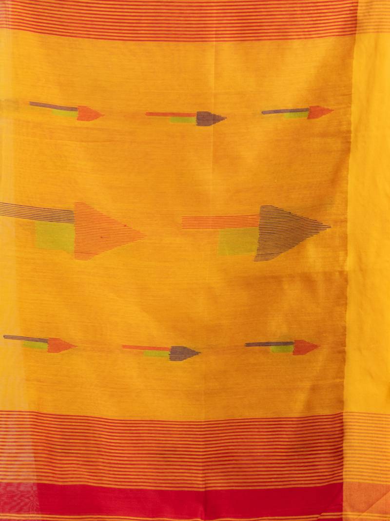 Red cotton blend all body arrow motive with Yellow pallu jamdani saree