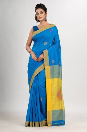 Auqa blue cotton blend all body noddle motive with yellow pallu jamdani saree