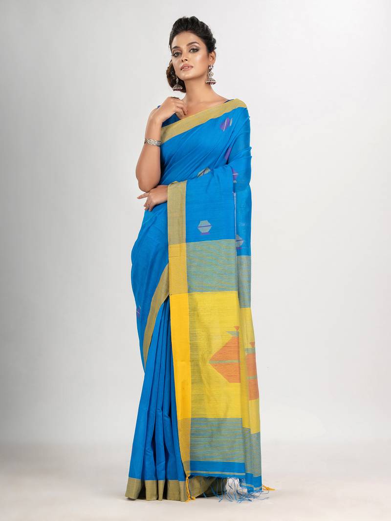 Auqa blue cotton blend all body noddle motive with yellow pallu jamdani saree