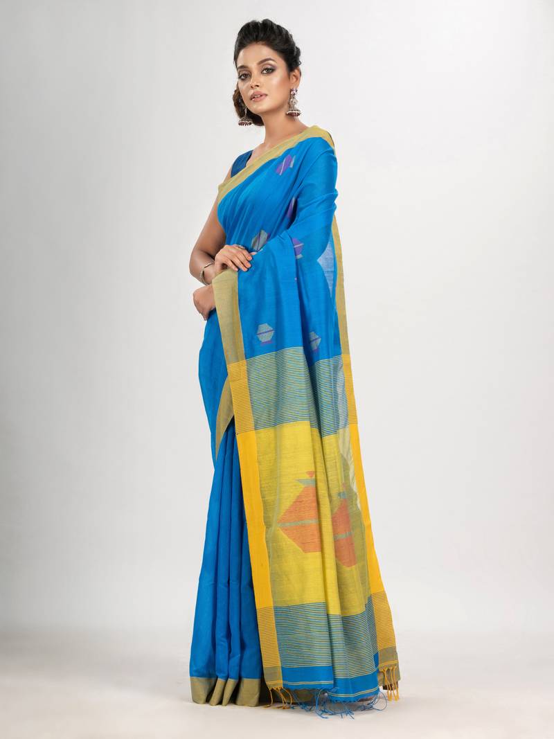 Auqa blue cotton blend all body noddle motive with yellow pallu jamdani saree