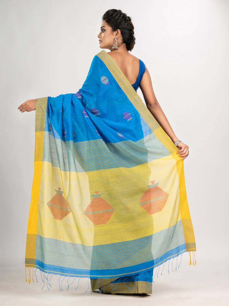 Auqa blue cotton blend all body noddle motive with yellow pallu jamdani saree