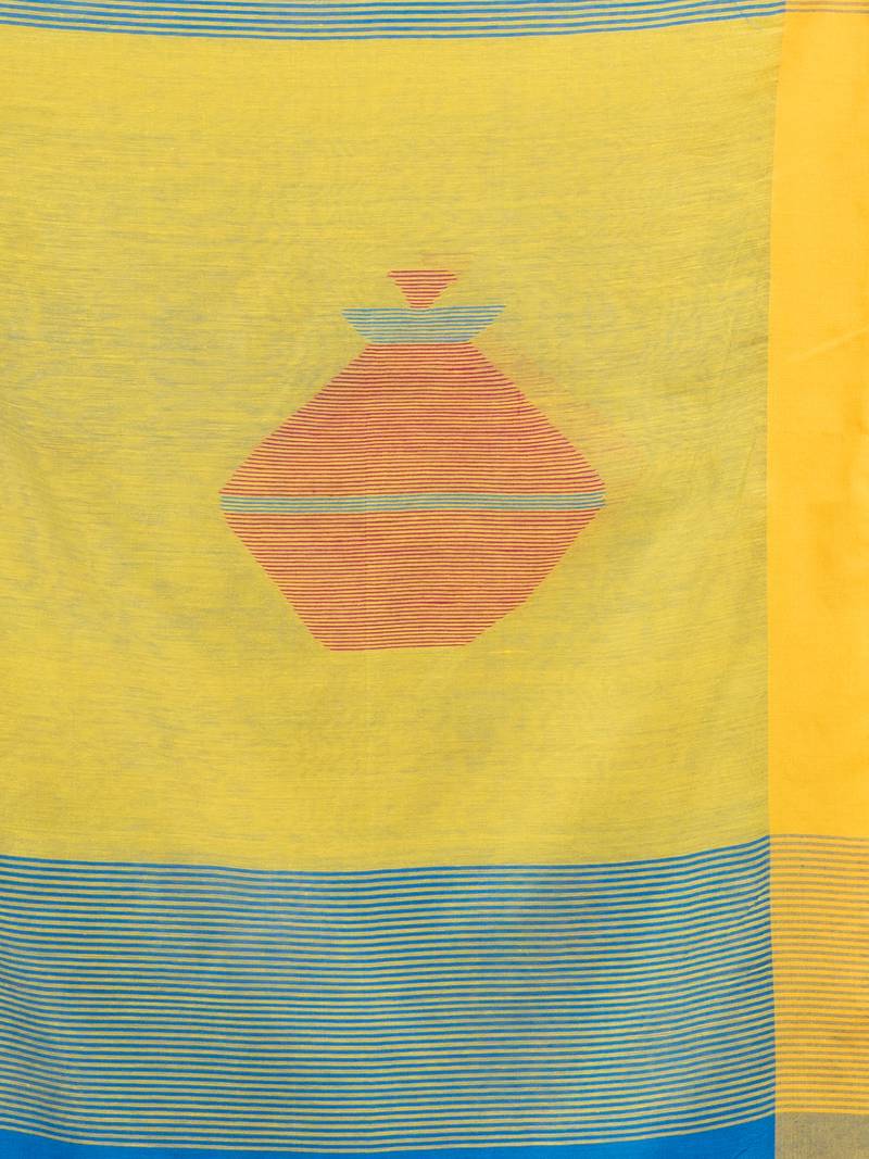 Auqa blue cotton blend all body noddle motive with yellow pallu jamdani saree