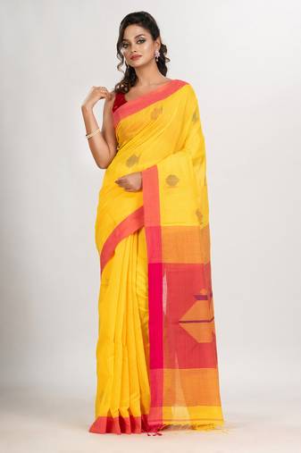 Yellow cotton blend all body noddle motive with pink pallu jamdani saree