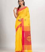 Yellow cotton blend all body noddle motive with pink pallu jamdani saree