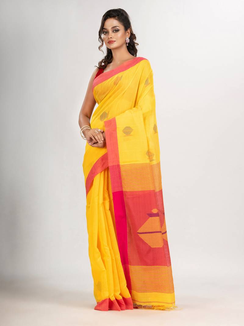 Yellow cotton blend all body noddle motive with pink pallu jamdani saree