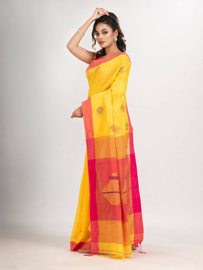 Yellow cotton blend all body noddle motive with pink pallu jamdani saree