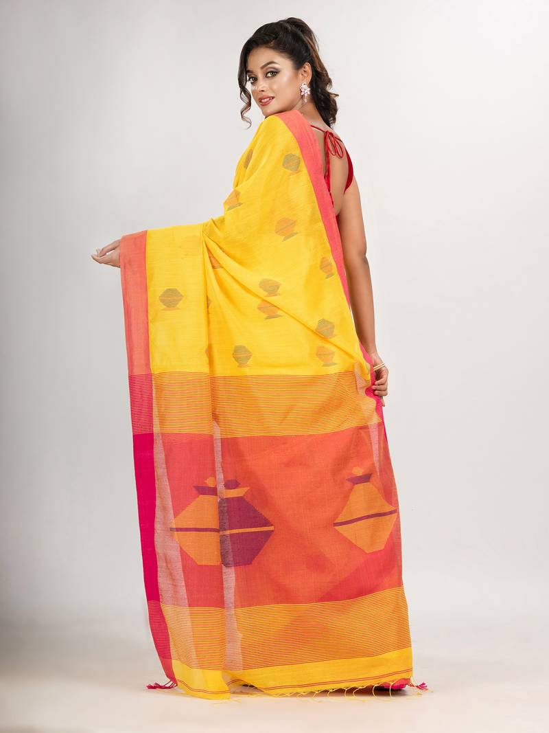 Yellow cotton blend all body noddle motive with pink pallu jamdani saree