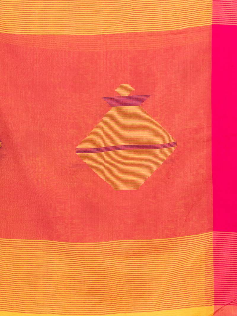 Yellow cotton blend all body noddle motive with pink pallu jamdani saree