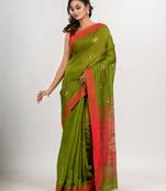 Venom green cotton blend all body noddle motive with red pallu jamdani saree