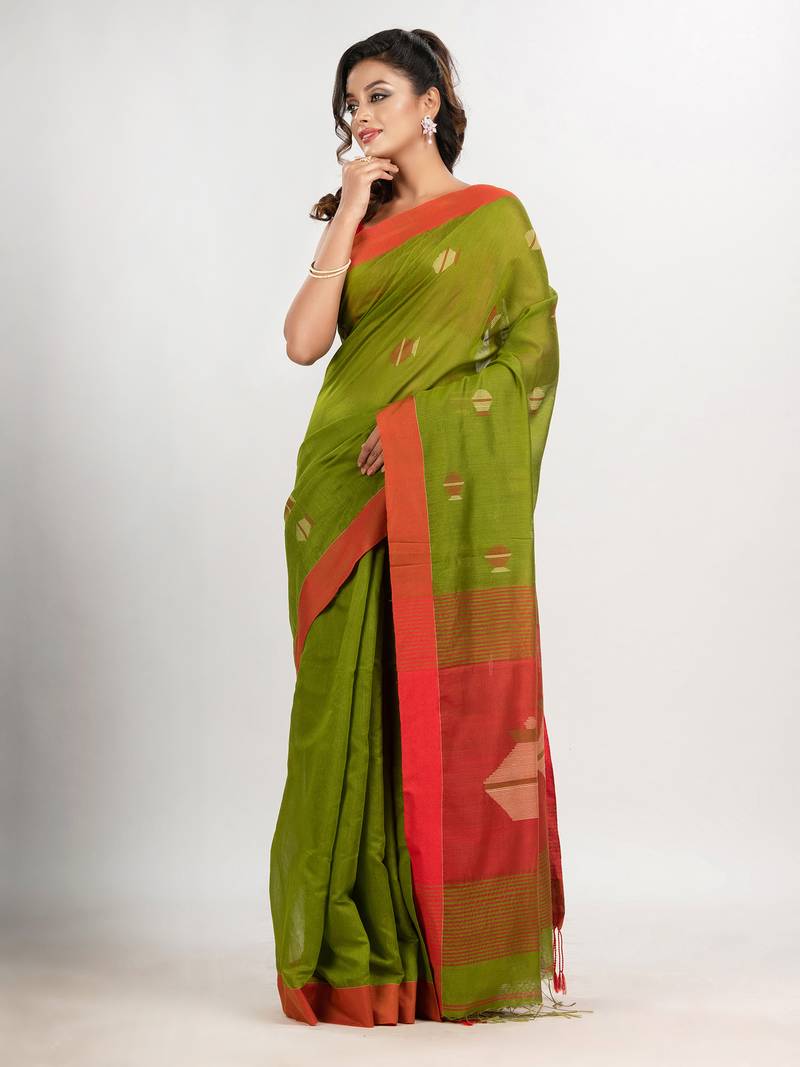 Venom green cotton blend all body noddle motive with red pallu jamdani saree