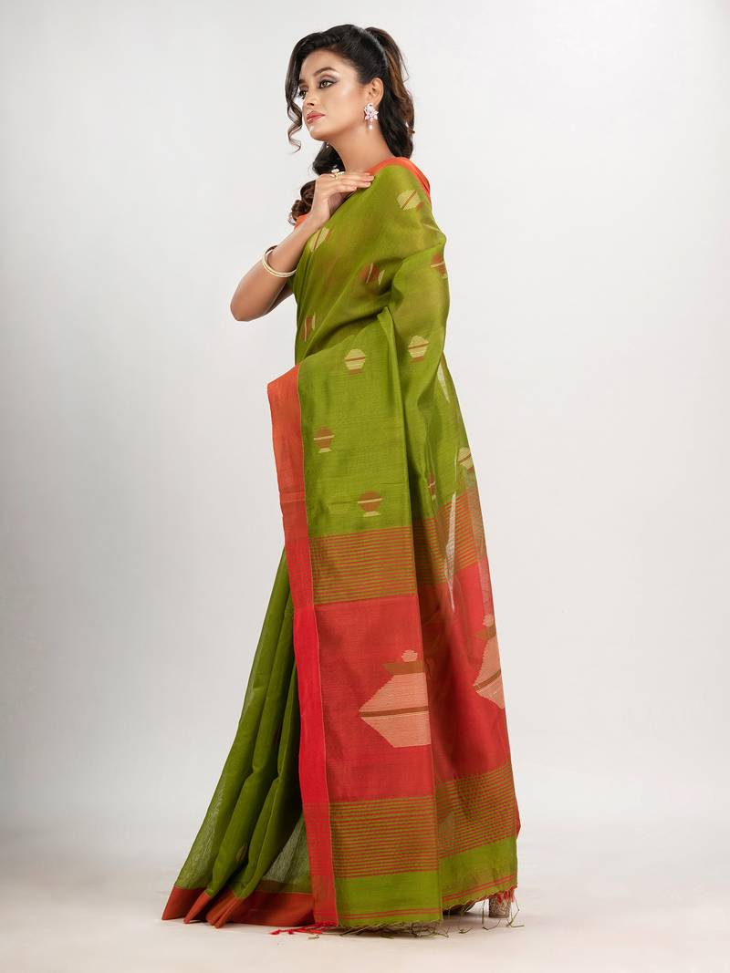 Venom green cotton blend all body noddle motive with red pallu jamdani saree