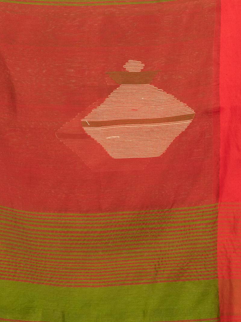 Venom green cotton blend all body noddle motive with red pallu jamdani saree