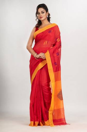 Red cotton blend all body noddle motive with yellow pallu jamdani saree