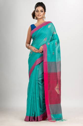 Turquoise cotton blend all body noddle motive with rani pallu jamdani saree