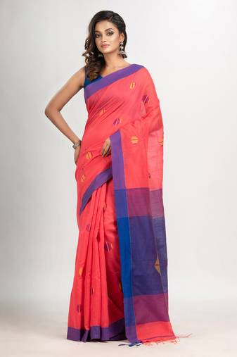Pastel red cotton blend all body noddle motive with blue pallu jamdani saree