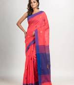 Pastel red cotton blend all body noddle motive with blue pallu jamdani saree