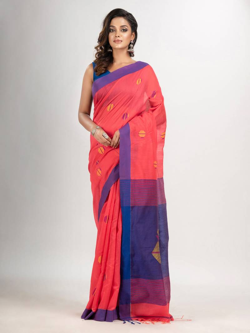 Pastel red cotton blend all body noddle motive with blue pallu jamdani saree