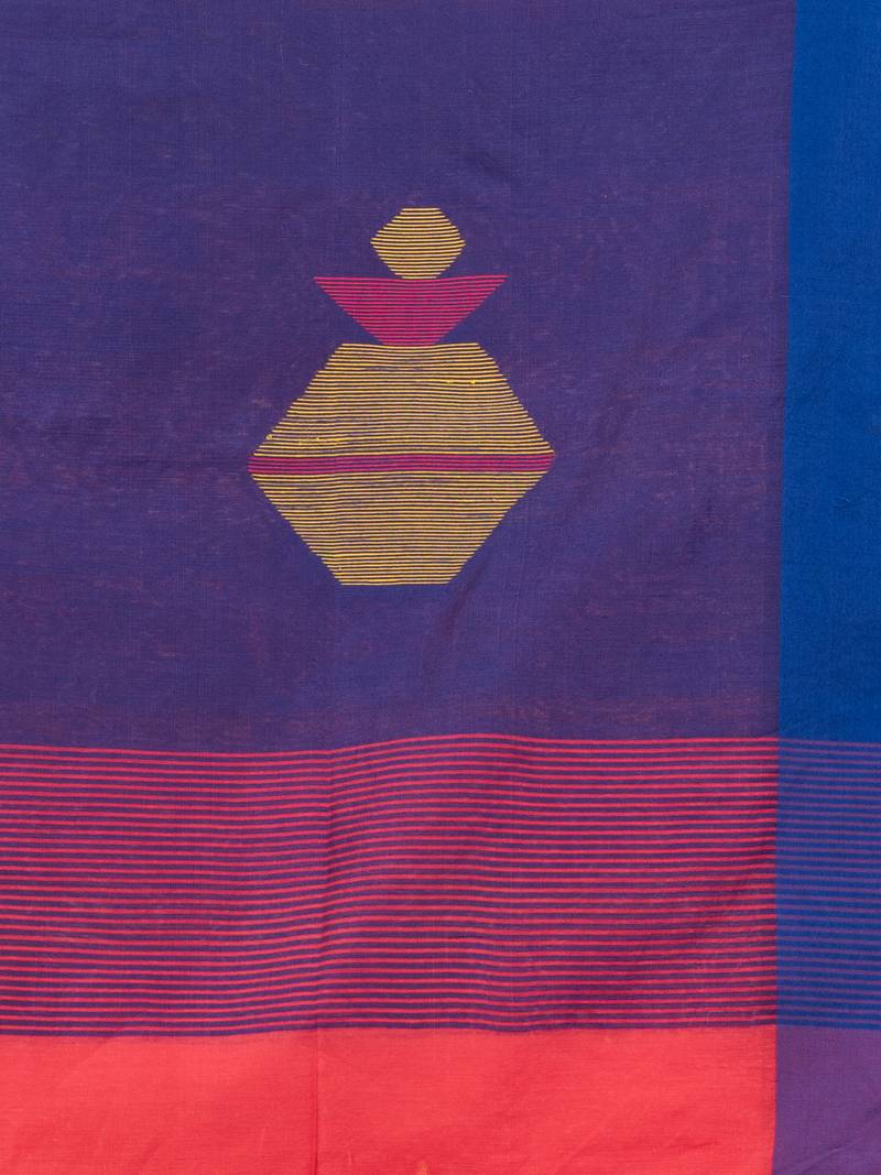 Pastel red cotton blend all body noddle motive with blue pallu jamdani saree