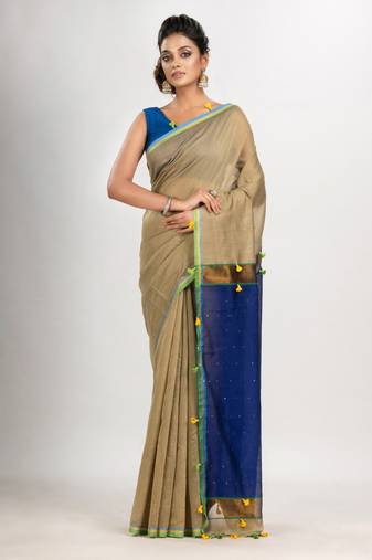 Muga cotton blend with pallu blue and pompom handloom saree