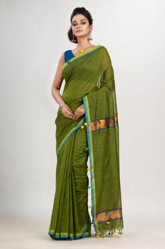 Olive green cotton blend with pompom handloom saree