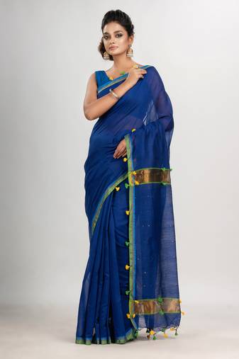 Blue cotton blend with pompom handloom saree