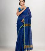 Blue cotton blend with pompom handloom saree